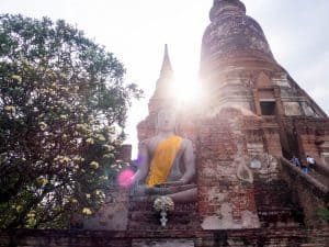 Buddha at Wat Chaimonkhon in the afternoon light, Ayutthaya, Thailand (2017-04)