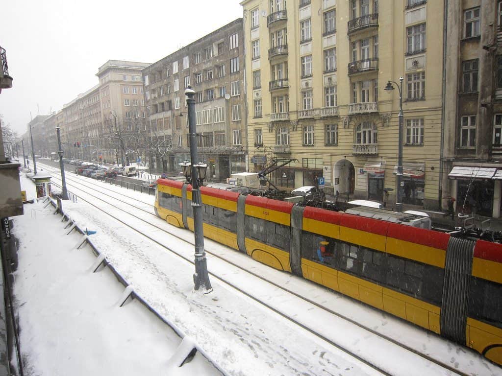 Snow and tram in Warsaw, Poland (2013-04-03)