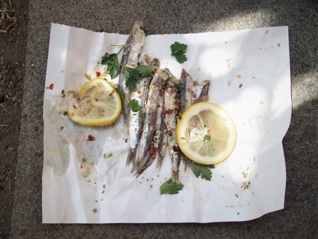 Salted fish street food in Catania, Sicily, Italy(2015-05)