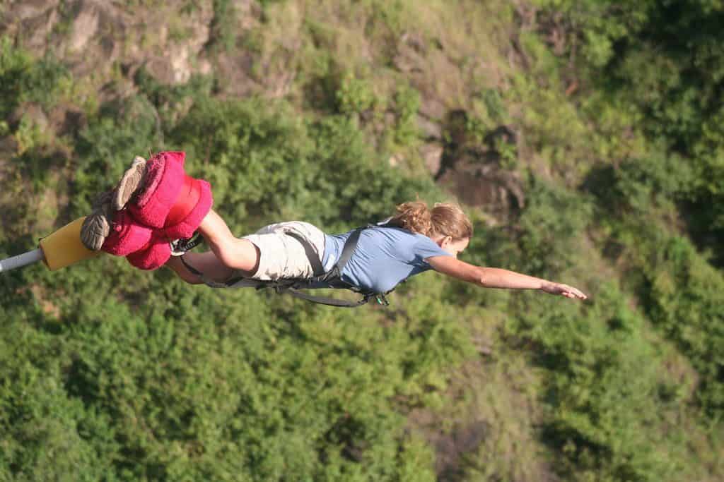 Carola bungee jumping in Victoria Falls, Zimbabwe (2012-04)