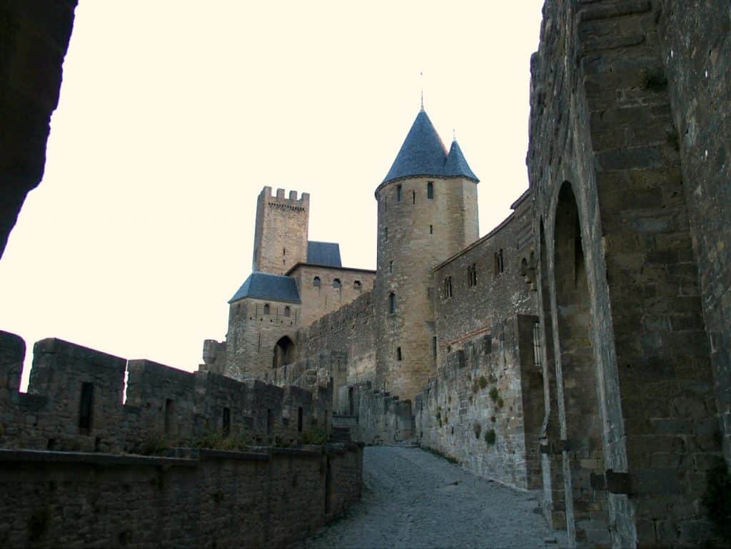 Carcassonne walls at dusk, France (2016-08-23)