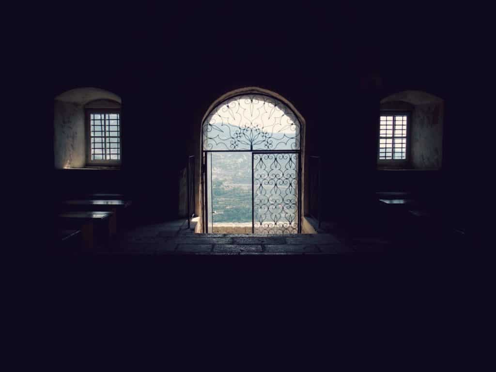 Looking out of the door of the chapel in Klis Fortress near Split, Croatia (2016-09-15)