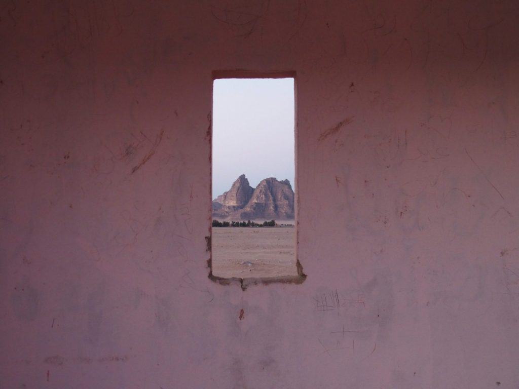 Wadi Rum through a pink window, Jordan (2016-12-26)