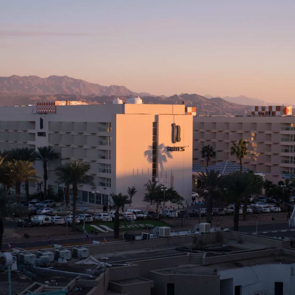 Sunset on resort hotel in Eilat, Israel (2016-12-30)