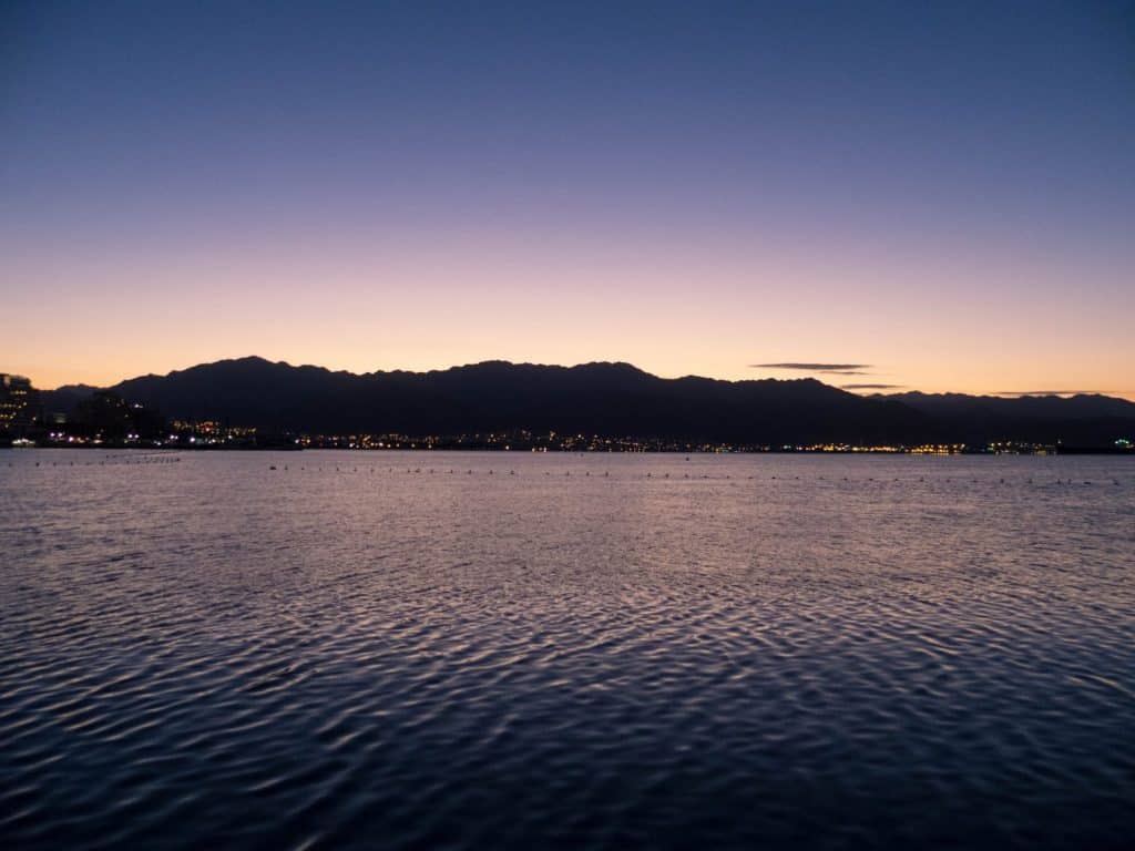 Sunrise with view of Aqaba, Jordan, in Eilat, Israel (2016-12-30)