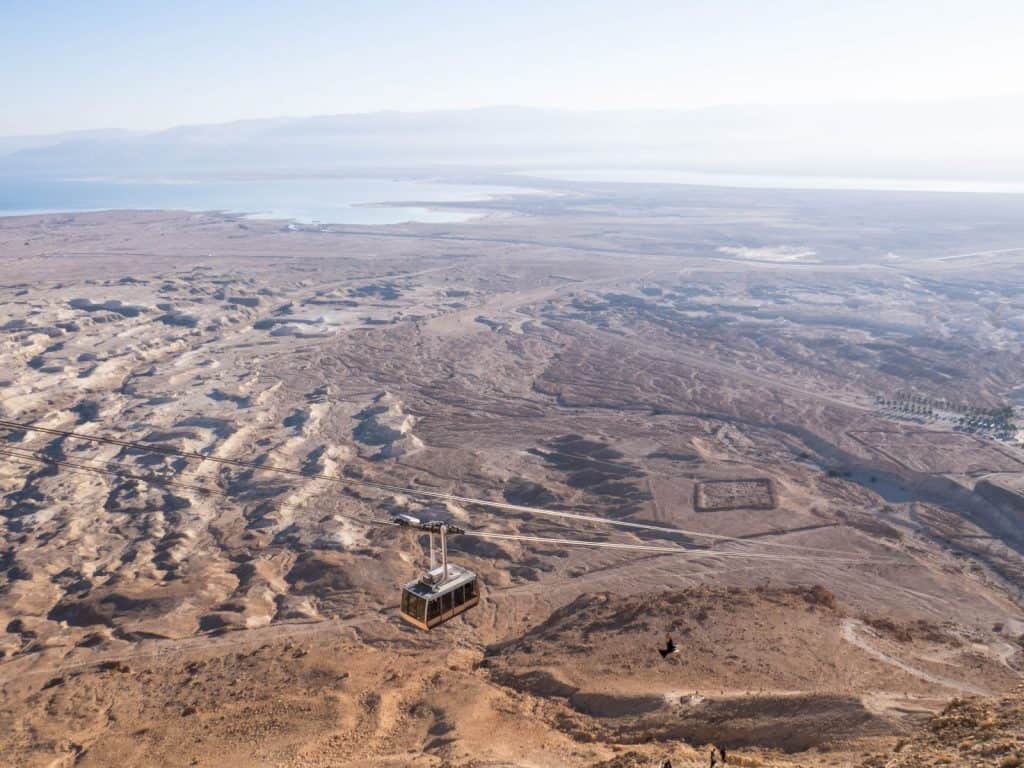 The cable car with Dead Sea in the background at Masada National Park, Israel (2017-01-03)