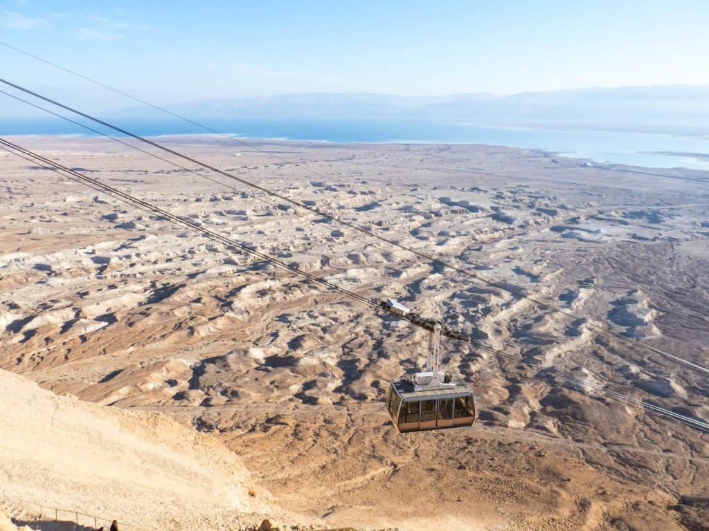 The cable car with Dead Sea in the background at Masada National Park, Israel (2017-01-03)