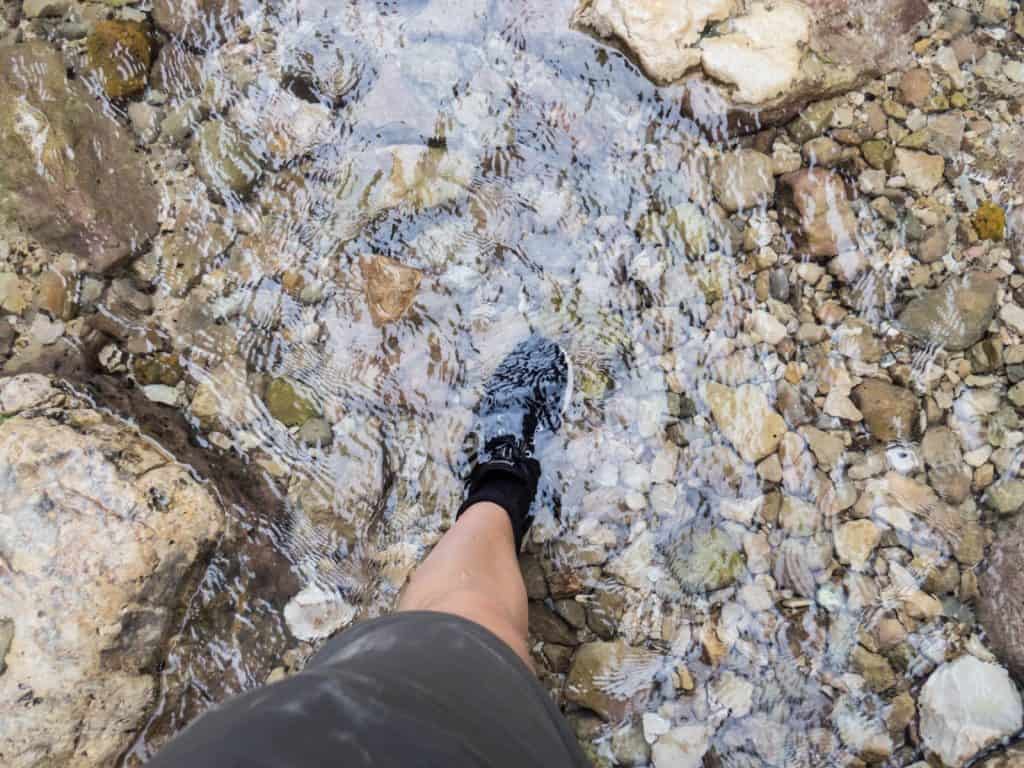 Carola's shoes in the water in Arugot Valley Ein Gedi Nature Reserve, Israel (2017-01-04)