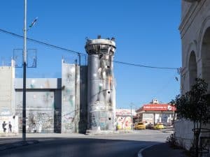 Color bombed watch tower, Bethlehem, Palestine (2017-01-11)