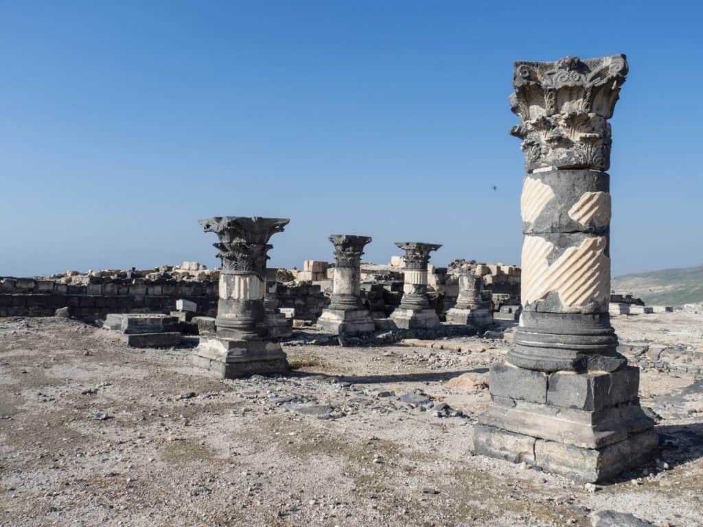 Rebuilt pillars in Sussita Hippos, Sea of Galilee, Israel (2017-01-18)