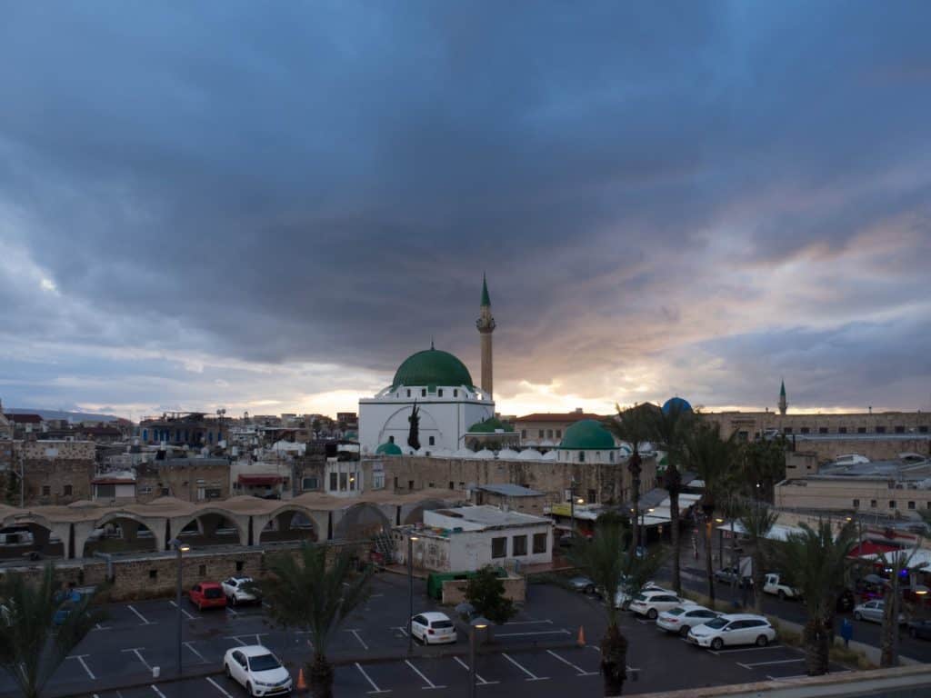 Sunset over the the old town as seen from HI hostel, Akko, Israel (2017-01)