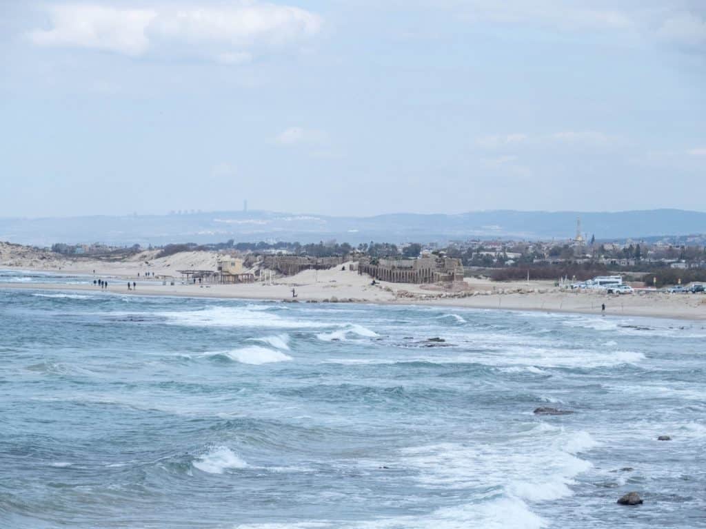 Walking along the beach to the aqueduct, Caesarea, Israel (2017-02-17)