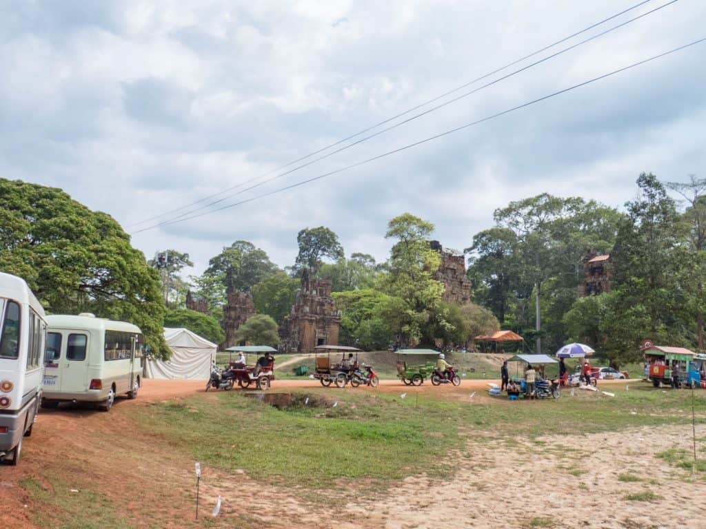 Some of the Prasat Suor Prat towers along the main road in Angkor Thom, Siem Reap, Cambodia (2017-04-13)