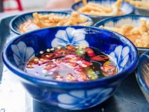 Chili sauce for banh beo street food, Hoi An, Vietnam (2017-05/06)