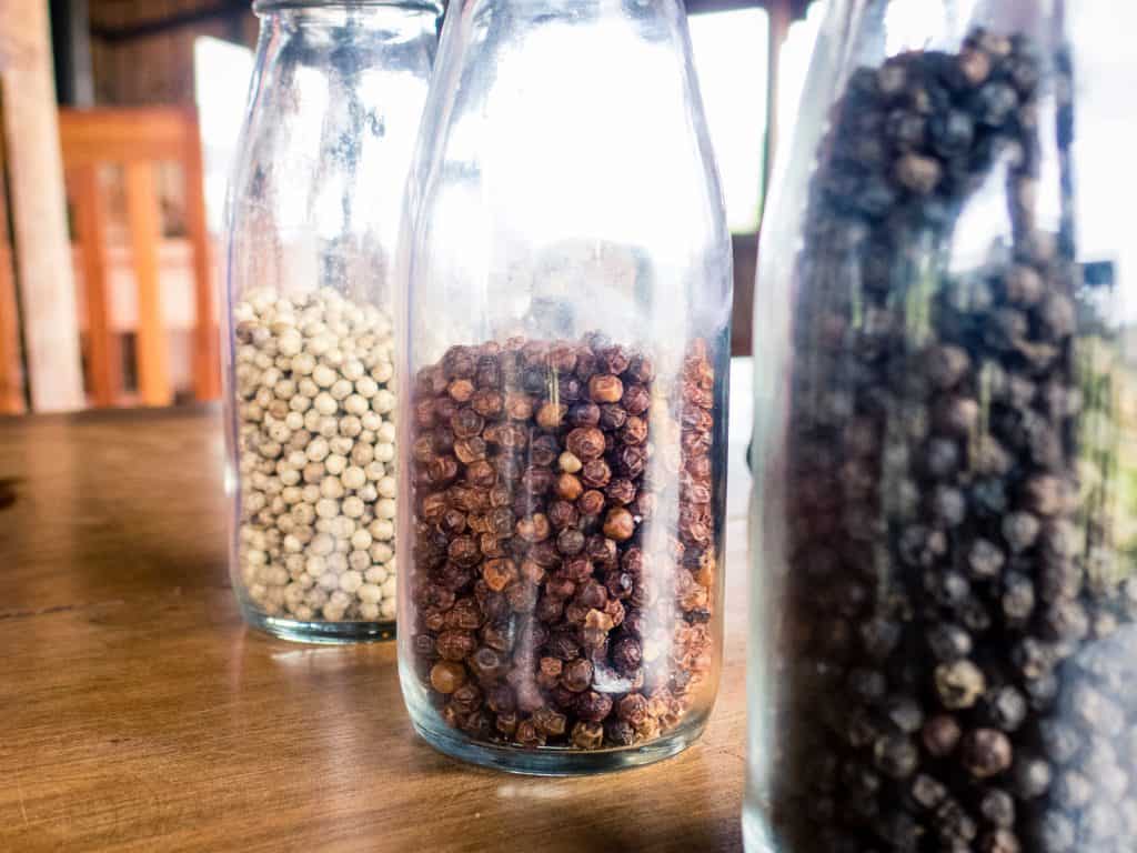 White pepper, red pepper, black pepper at La Plantation, Kampot, Cambodia (2017-04-29)