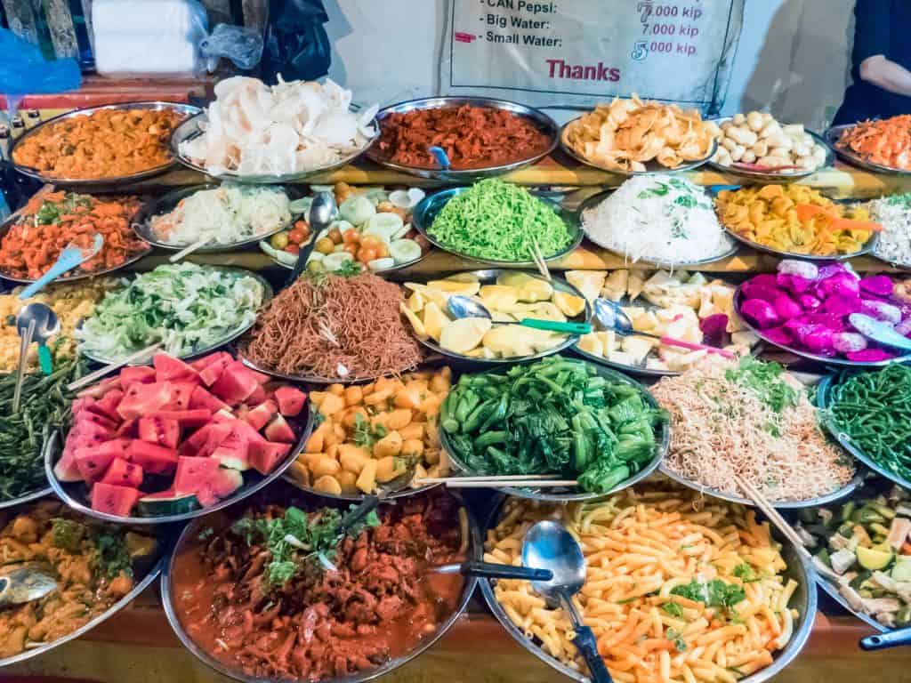 Vegetarian buffet at the night market, Luang Prabang, Laos (2017-08)