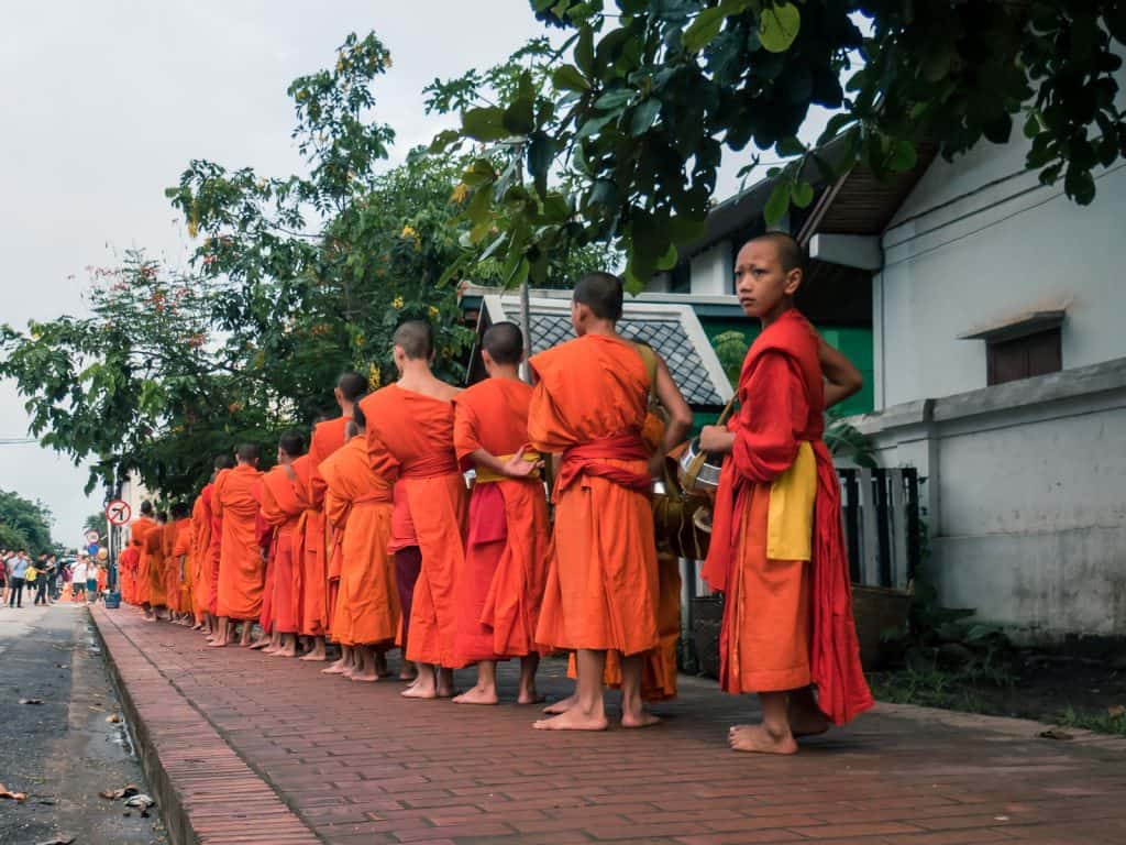 Young monks at the Buddhist Alms Giving, Luang Prabang, Laos (2017-08)