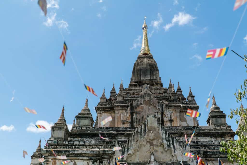 Bagan temple with Myanmar flags