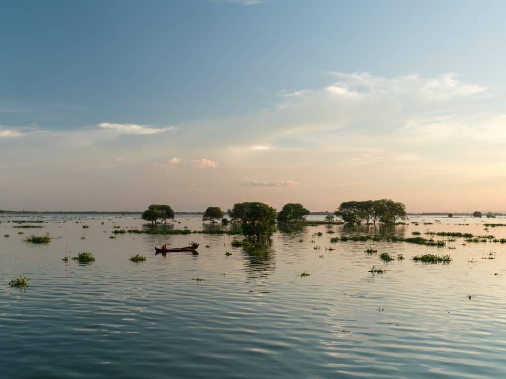 View from U Bein Bridge at sunset, Amarapura, Mandalay, Myanmar (2017-09)