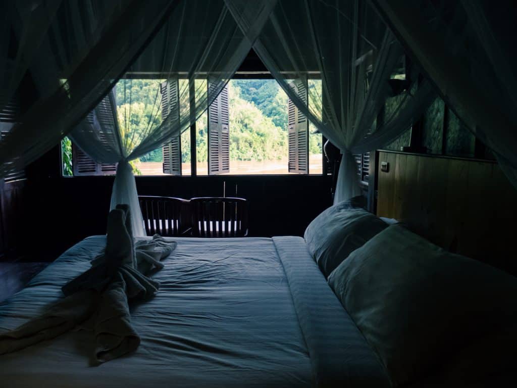 View from my bed at my cottage at Luangsay's Pakbeng Lodge, Luang Say Mekong river cruise, Luang Prabang to Huay Say, Laos (2017-08)