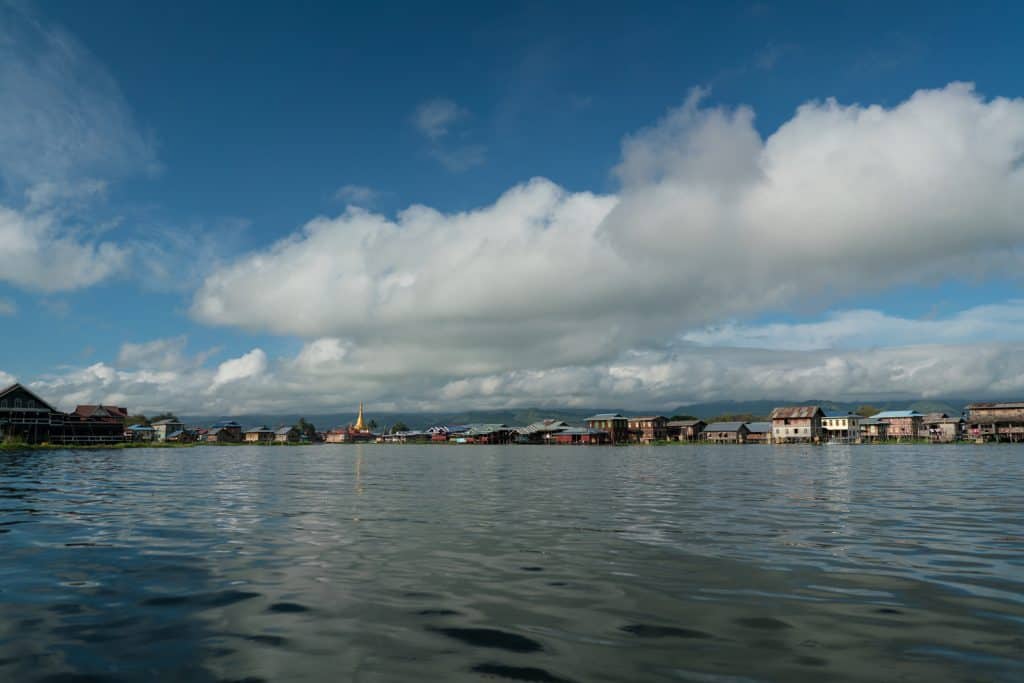 Inle Lake boat tour: Approaching a floating village, Myanmar (2017-10)