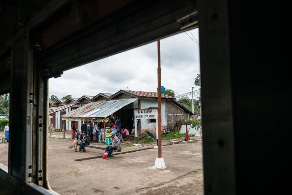 Myanmar train travels: Kalaw station on the slow train Shwenyaung (Inle Lake) to Thazi, Myanmar (2017-10)