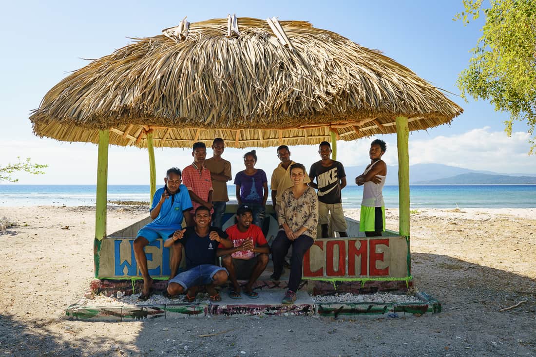 Biacou beach hut with students, Atabae, East Timor