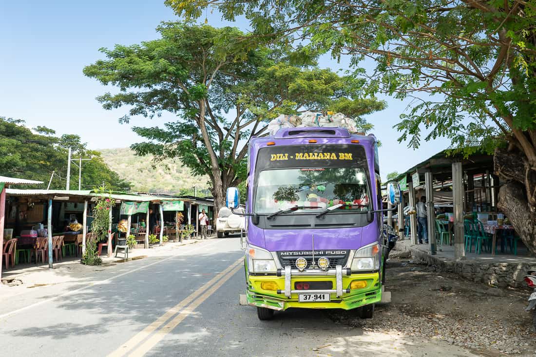 Loes roadside restaurants with typical East Timor bus